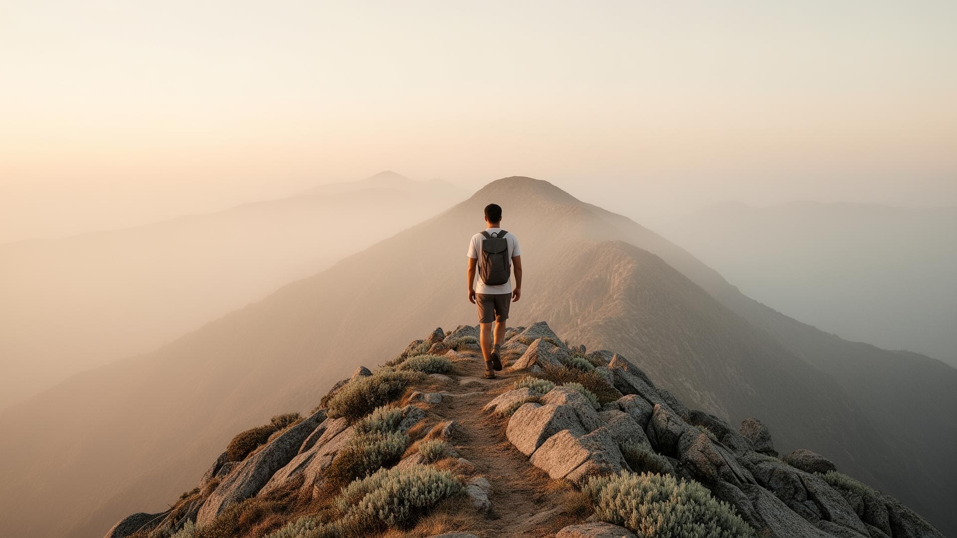 Hiker on a mountain ridge at dawn